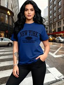 Soft 100% Cotton Letter Print T-Shirt, Breathable And Fashionable, For Family Trips, Campus, Casual Wear, Everyday Wear, Sister Sets, Versatile T-Shirt 5814, Breathable Cotton T-Shirt, Goes With Everything. - 藍色 - 查看 2