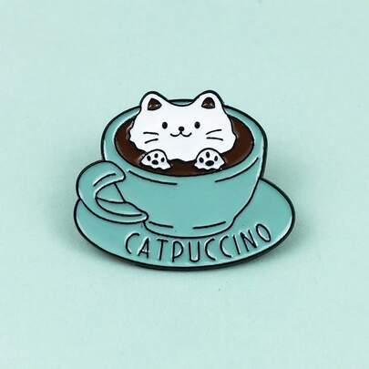 Broche de gato con taza de café linda, insignia de animal de dibujos animados creativa, accesorio de ropa de esmalte de aleación, comercio transfronterizo