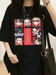 Camiseta de moda para mujer, adecuada para todas las estaciones, una camiseta Doujin de estilo Q hecha por un fan, con un diseño de colección de múltiples personajes de un actor.El estilo general es lindo y sentimental. Ropa infantil. - Negro - Ver 1