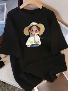 Women's Minimalist Casual Summer T-Shirt, Pure Cotton, Loose Round Neck, Versatile Women's Clothing, Comfortable Casual T-Shirt For Young Girls, Fashionable Short Sleeve Tops For Everyday Wear - 黑色 - 查看 6