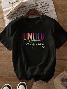 Women's Limited Edition T-Shirt - Colorful And Bold Print, Plus Size Crew Neck, Machine Washable Stretch Fabric For Spring Summer Autumn, Casual T-Shirts, Everyday Wear, Printed Blouse, Durable And Fashionable - 黑色 - 查看 7