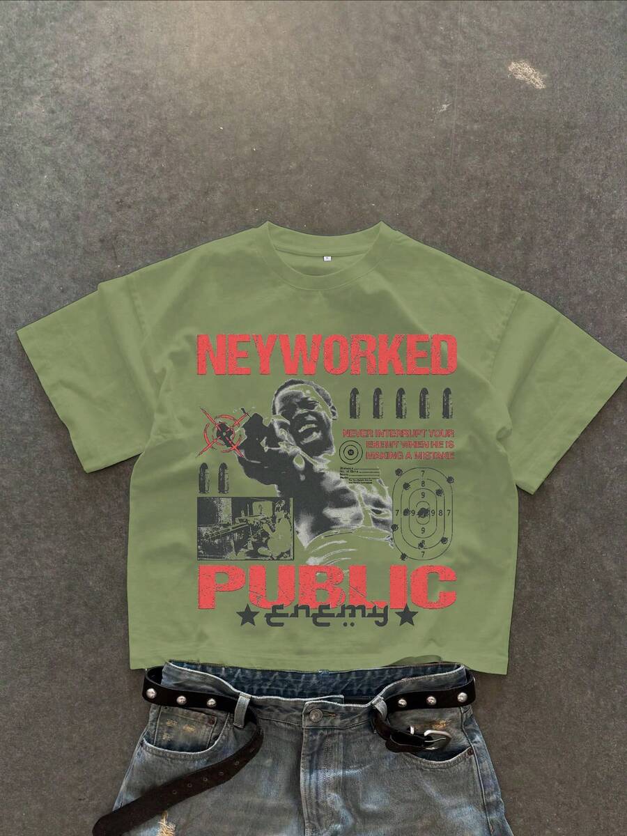 Men's Fashion Hip Hop Letter & Figure Print Short Sleeve T-Shirt - Green - View 1
