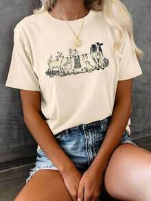 Top Casual de Primavera y Verano para Mujer, Estilo Vintage, Estampado Animal, Cuello Redondo, Camiseta de Manga Corta. - Albaricoque - Ver 2