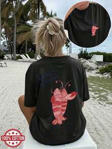 1 Piece [Double-Sided Print] Women's Fashion Casual T-Shirt, Spring/Summer, Watercolor Style, Shrimp, Heart, "Dancing In The Kitchen" Print, Round Neck, Short Sleeve, Pure Cotton, Plus Size, Drop Shoulder [Chu K]2026 - 黑色 - 查看 7