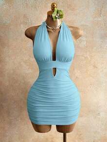 Vestido mini sexy de fiesta con cuello halter y lazo de unicolor para mujer - Azul - Ver 3