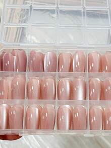 144 Stücke/Box mittlere quadratische Katzenaugen-Aufklebe-Nägel, schimmernd, natürlich nude-rosa Katzenaugen-Kunstnägel, sommerlich tragbare Nageltips für Frauen - Babypink - Übersicht 3