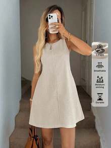 Vestido casual de mujer de línea A sin mangas a rayas con bolsillos acolchados, conjunto elegante de vacaciones, estilo retro lujoso - Albaricoque - Ver 2