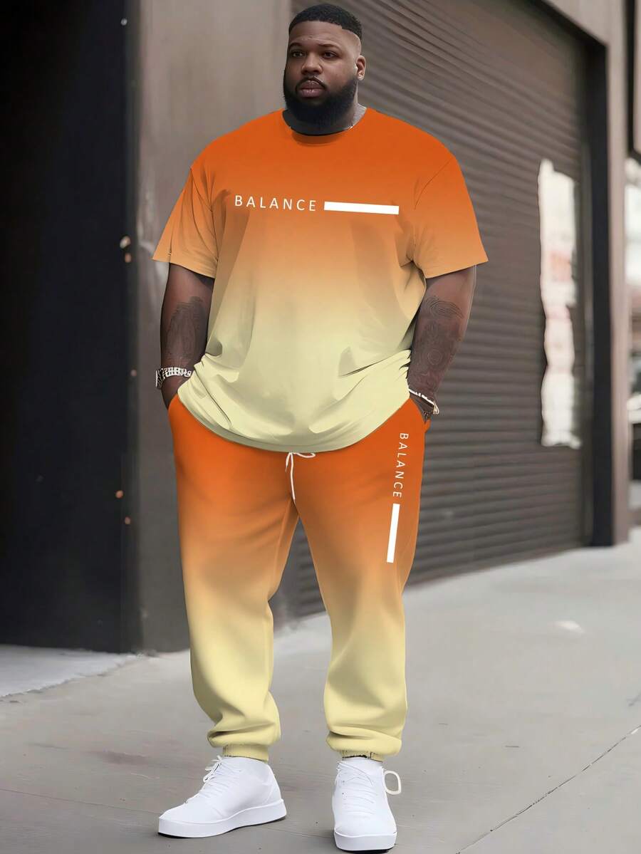 Plus Size Men's Orange-Yellow Gradient BALANCE Casual 2 Pieces Set, Short Sleeve Top And Long Cuffed Pants - Multicolor - View 1