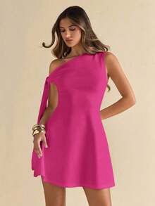 Falda asimétrica elegante de línea A con volantes en el bajo y detalle de lazo en el hombro en diseño ajustado negro para mujer - Rosa - Ver 4