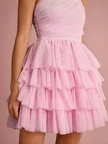 Vestido de malla con volantes y pliegues asimétricos - Rosa Pálido - Ver 7