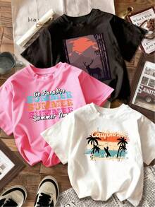 Women's One-Piece T-Shirt With Surf Beach Letter Print, Comfortable Casual Wear, Loose Fit Fashion T-Shirt, Multicolored Women's T-Shirt. - 黑色 - 查看 1