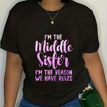 3 Sisters "I'm The Middle One, I Decide" T-Shirt - Clothes Soft And Breathable Clothes, Unisex Regular Fit, Clotheshine Washable, Pink Lettering, Fun Sibling & Friendship Summer Series, Clothes - Black - View 1