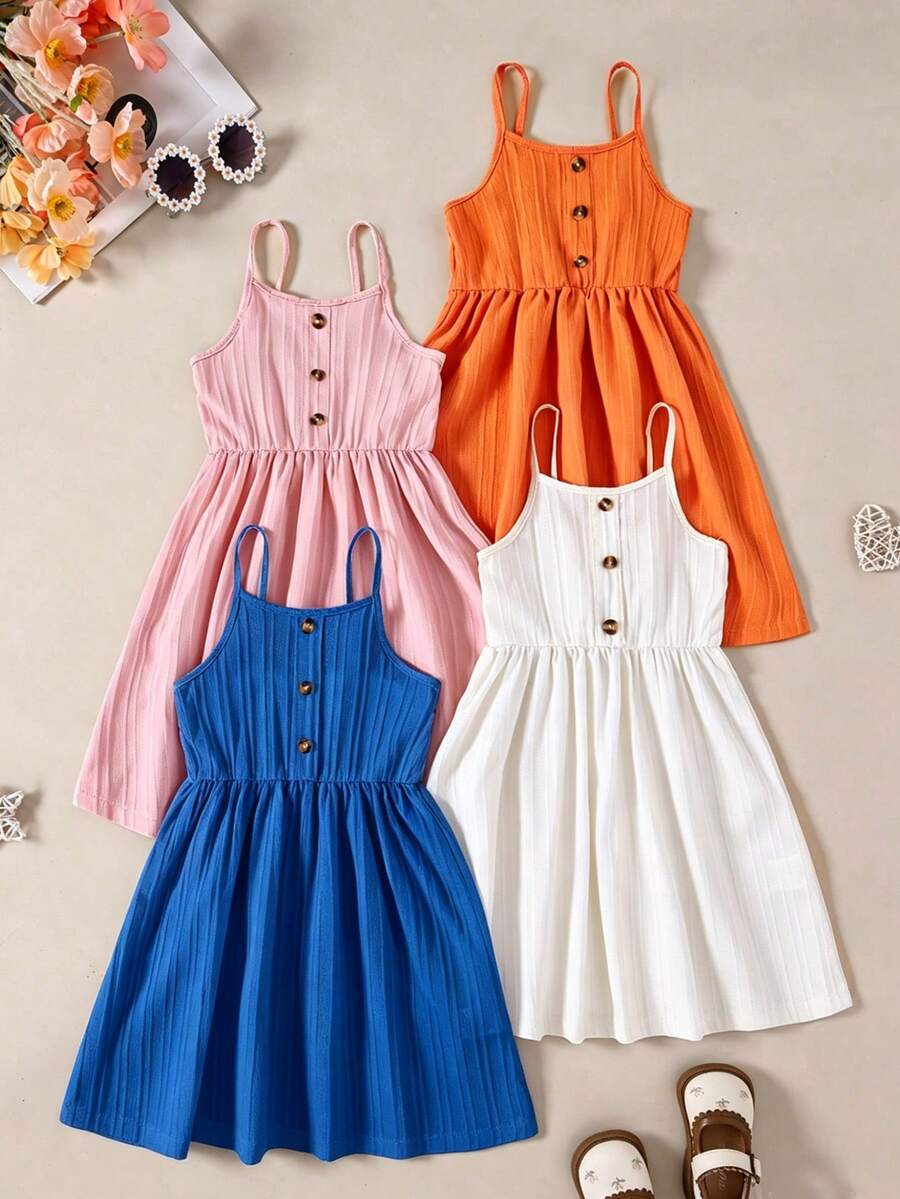 4pcs Gaun Kasual Musim Panas Anak Perempuan Warna Polos dengan Tekstur Tali Bahu Tipis dan Hiasan Kancing, Pakaian Liburan Nyaman untuk Anak-Anak - MultiWarna - View 1