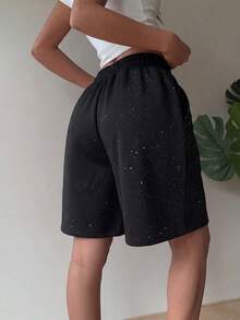 Quần short Bermuda nữ mùa hè kiểu dáng thường ngày, thoải mái, có dây rút, đính sequin, ống rộng, cạp chun, chất liệu mềm mại, có thể mặc nhà. - màu đen - Xem 3