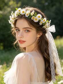1pc Daisy Flower Wreath Headband, Handmade Floral Headpiece For Girls - White - View 2
