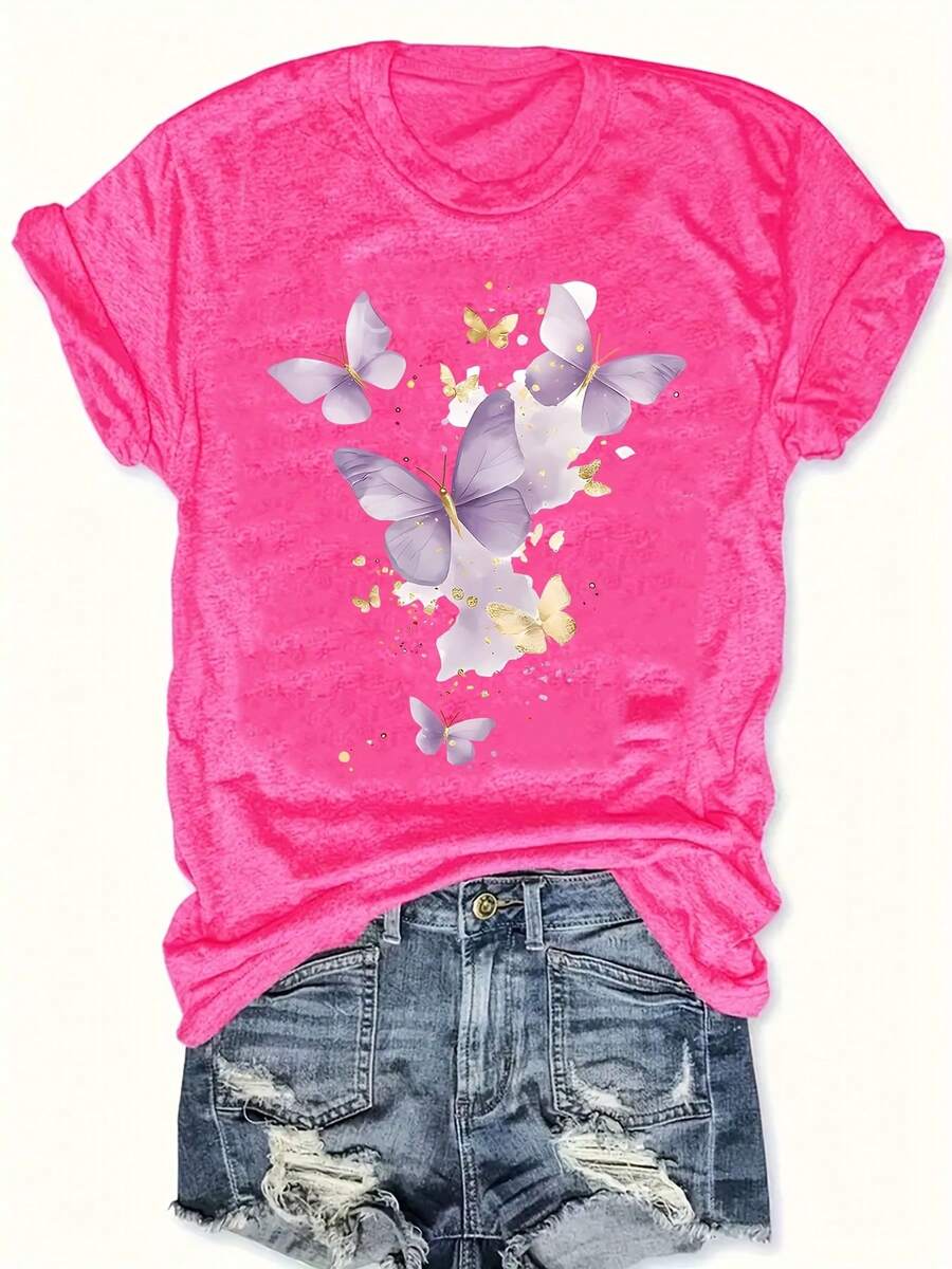 Plus Size Women's Plus Size T-Shirt With Purple Butterfly And Letter Print - Round Neck, Warm And Casual For Winter, Comfortable Casual Clothing For Plus Sizes, Cozy Machine Washable Blouse For Autumn And Winter - 玫紅色 - 查看 1