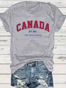 Talla Grande - Talla Grande - Camiseta de Mujer Roja con Estampado de Letras CANADA, Cuello Redondo, Talla Grande - Gris - Ver 1
