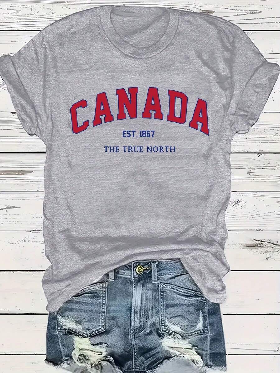 Talla Grande - Talla Grande - Camiseta de Mujer Roja con Estampado de Letras CANADA, Cuello Redondo, Talla Grande - Gris - Ver 1