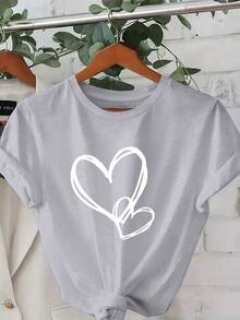 Plus Size - Plus Size - White Day, Exquisite Heart Design, Elegant Short Sleeve T-Shirt With Round Neck Print, Plus Size Women's Clothing, Women's Apparel - 淺灰色 - 查看 6