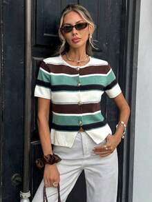 Top de punto a rayas para mujer , estilo casual holgado de manga corta y cuello redondo para verano, estilo preppy, cárdigan de manga corta a rayas marrones y azules, top de verano, estilo universitario americano, adecuado para uso diario, top de verano, para mujer en primavera. - Multicolor 2 - Ver 3