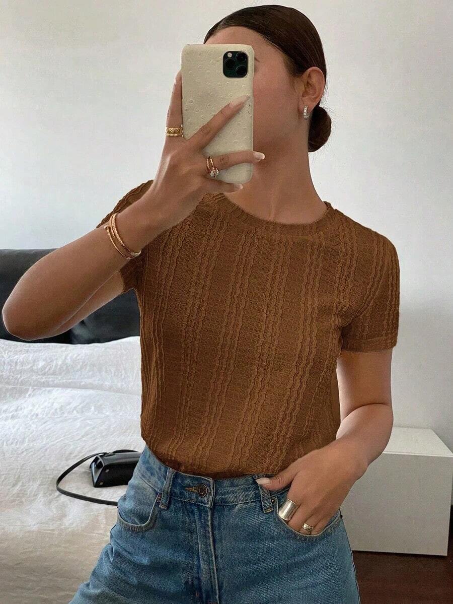 Camiseta de manga corta de unicolor casual para mujer, verano - Caqui - Ver 1