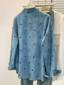 Camisa polo de manga larga con bolsillo y estampado de corazón de unicolor básico casual para mujer, adecuada para uso diario en , verano y otoño - Multicolor - Ver 5