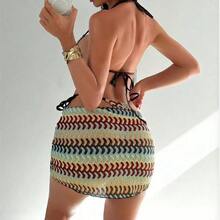 2026 New Wave Pattern Knit Bikini Three-Piece Set Beach Vacation Halter Neck Tie Swimwear For Women - Light Curry Color - View 3