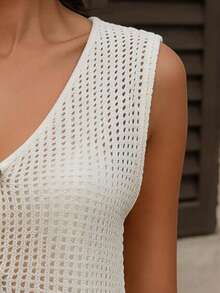 Cárdigan casual de verano para mujer con cuello en V, sin mangas y botones huecos, color blanco - Blanco - Ver 4