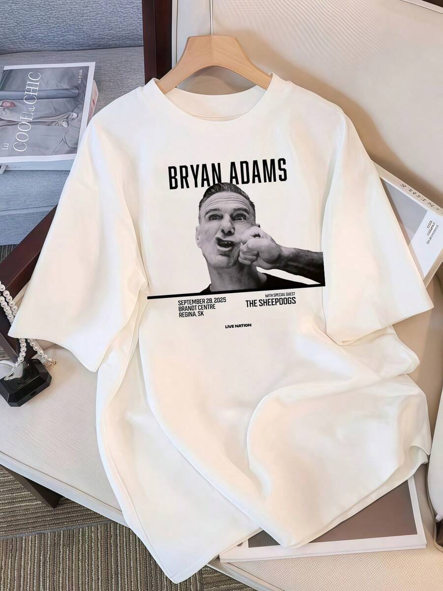 2026 T-Shirt, Bryan Adams 2025 Single Tour Date Graphic T-Shirt, Oversized Casual Fan T-Shirt, Retro K-Pop Idol Bootleg Style, Vintage Graphic T-Shirt, Short Sleeve Casual Top, Fan Merchandise, Black Streetwear Fan T-Shirt, Vintage K-Pop Star Graphic T-Shirt, Oversized Short Sleeve T-Shirt With Retro Letter Print, Black Crew Neck Casual Top, Gift For Idol Fans, Streetwear Style, Comfortable Loose Fit Cotton Blend T-Shirt For Women And Men. - White - View 1