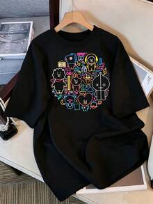2026 T-Shirt, BT21 Neon Doodle Circle Graphic T-Shirt, K-Pop Character Pattern Oversized T-Shirt, Black Cotton Casual Top, Retro Bootleg Style K-Pop Idol Oversized T-Shirt, Vintage Graphic Print T-Shirt, Short Sleeve Casual Top, K-Pop Fan Merchandise, Black Streetwear T-Shirt For Fans, Vintage K-Pop Star Graphic T-Shirt, Short Sleeve Oversized T-Shirt With Retro Letter Print, Black Crew Neck Casual Top, Streetwear Style Idol Fan Gift, Comfortable Loose Fit Cotton Blend T-Shirt For Women And Men. - Black - View 6