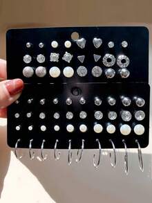 32pcs Fashion Versatile Pearl & Zirconia Stud Earrings & Hoop Earrings Set, Minimalist Geometric Heart & Triangle Design, Unisex Stackable Jewelry, Suitable For Daily Wear, Dates, Parties, Great Gift For Women On Birthday, Valentine's Day, Holidays - Silver - View 2