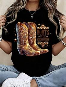 1 camiseta con estampado de botas de vaquero y diseño de texto para uso casual y atuendos de estilo country, 180g 100% algodón. - Negro - Ver 8