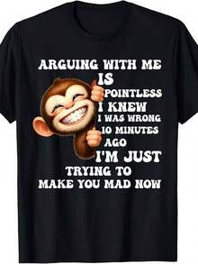 1 Piece Funny Monkey Print T-Shirt "Arguing With Me Is Useless, I Knew I Was Wrong" Sizes S-5XL, Unisex Style, Summer 2026 Short Sleeve Printed T-Shirt, Pure Cotton, Gvintage - 黑色 - 查看 7