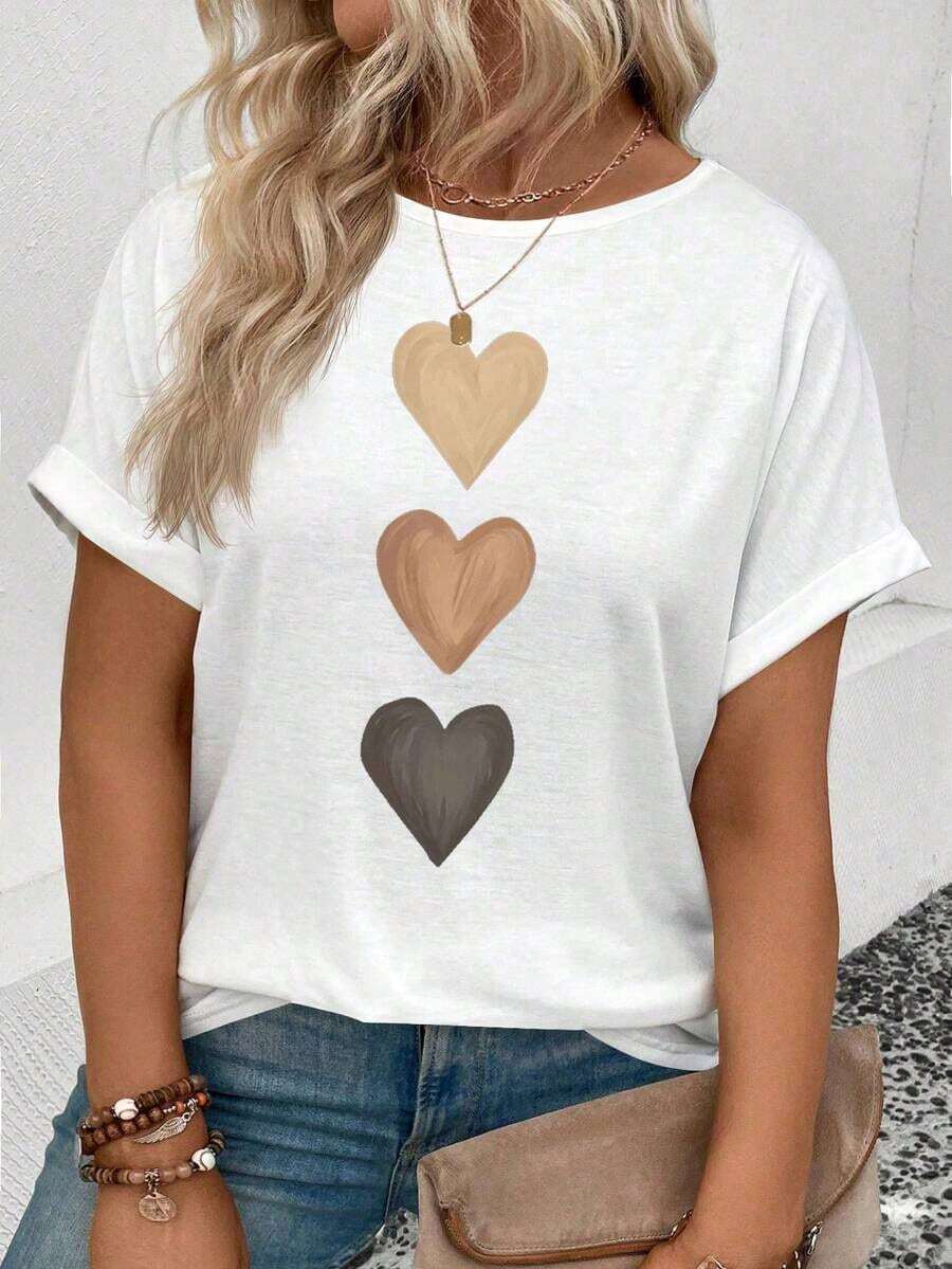 Plus Size Women's Spring/Summer Casual T-Shirt With Round Neck, Short Sleeves, Ribbed Cuffs, And Gradient Heart Print. Y2K Style, Style, Newest 2026 Style, Cute Style, Casual Style. 180g (Sizes S-XXXL) - 白色 - 查看 1