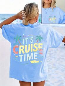 Women's Short-Sleeved T-Shirt With Round Neck, Front And Back Holiday Print, Casual Style For Spring/Summer, Comfortable And Versatile - 天藍色 - 查看 6
