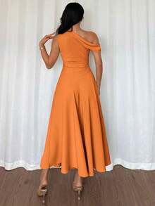 Elenzya Vestido elegante, de moda y lindo de estilo bohemio francés con volante asimétrico en el hombro y diseño entallado y acampanado en color verde macaron, adecuado para ocasiones de verano como vacaciones, graduación, Día de la Independencia, citas, vacaciones - Naranja - Ver 2