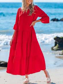 Vestido de vacaciones con mangas acampanadas y volantes en el bajo, unicolor para mujer, atuendos de vacaciones para mujer - Burdeos - Ver 4