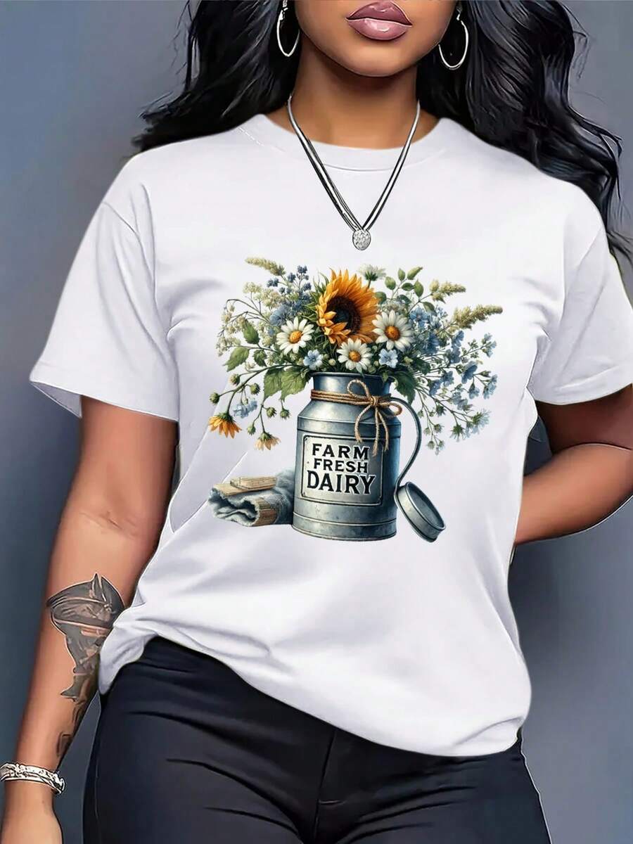 OversizeRopa de mujer de talla grande y corte holgado, camiseta holgada para mujer - top con estampado de patrón vintage estilo granja, con diseños florales de girasoles y margaritas, forma rústica de lata de leche, estilo de cuello redondo transpirable para uso casual en primavera y verano - camisa negra de estilo europeo y americano, colorida y con un diseño lindo de temática agrícola. - Blanco - Ver 1