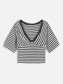 Women's Striped Deep V-Neck Short Sleeve Fitted Knit Top - Dark Grey - View 2
