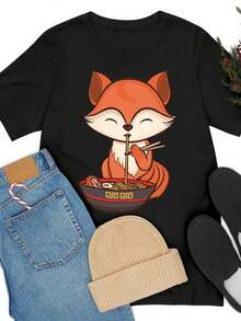 Fox Eating Ram1en KawaI1I T1EE j1apanese Cute Lovely T1S1Hirt M1en WoM1en. - Negro - Ver 2