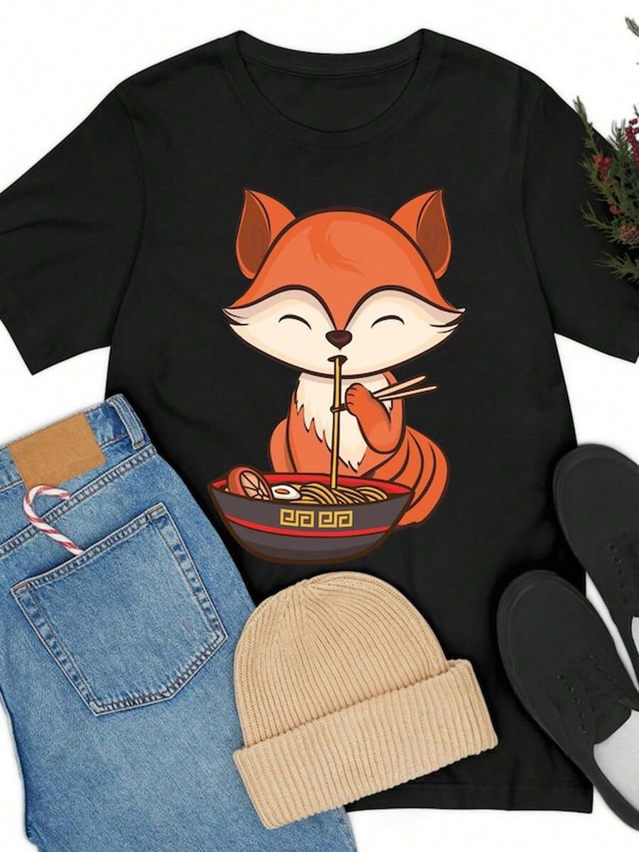Fox Eating Ram1en KawaI1I T1EE j1apanese Cute Lovely T1S1Hirt M1en WoM1en.