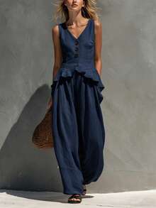 New Linen Set For Spring-Summer, Casual And Office Style, Button-Front Vest With V-Neck, Flattering Design, Perfect For Daytime Looks And Seasonal Transitions - Navy Blue - View 4