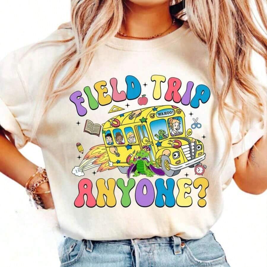 1 "Field Trip Anyone" T-Shirt, School Trip T-Shirt, "Teacher Magic School Bus" T-Shirt, Field Day T-Shirt, "Seatbelts Everyone" T-Shirt, "Frizzle" T-Shirt, Teacher T-Shirt, Oversized Graphic Tees For Women, 100% Cotton, Crew Neck, Short Sleeve, Casual Tops, 180g, 100% Cotton, All Designs Are Printed. Unisex. - 白色 - 查看 1