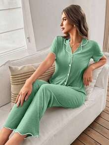 Mono de verano de punto ligero y suelto con volantes, de tela roja, de estilo casual y holgado para mujer - Verde - Ver 3