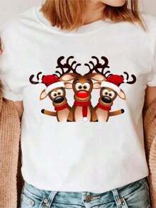 Camiseta Casual de Navidad con Lindo Muñeco de Nieve, Camiseta de Mujer con Estampado de Dibujos Animados, Camiseta Negra, Moda de los 90, Regalo de Navidad para Chicas, Top Y2K, 100% Algodón, Duradera - Blanco - Ver 1