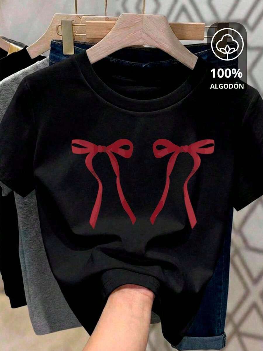 Camiseta para mujer con corte Oversize 100% algodón con cuello redondo y manga corta con diseño cute de moños Playera cómoda y suave - Negro - Ver 1