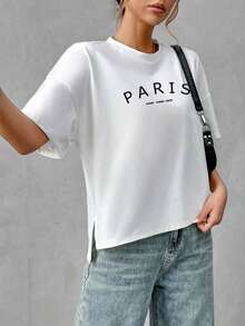 Camiseta holgada de estilo minimalista casual para mujer, con parte delantera corta y parte trasera larga, versátil para usar en la calle, adecuada para primavera y verano - Blanco 5 - Ver 5