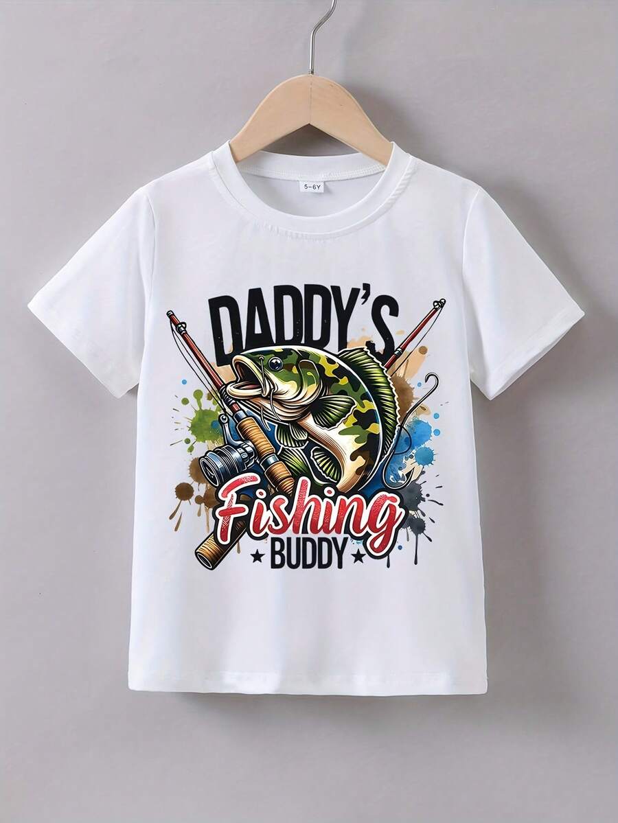 1 pieza Camiseta de manga corta de verano para niño con estampado de pesca "Dad's Fishing Buddy", 180g, 100% algodón - Blanco - Ver 1