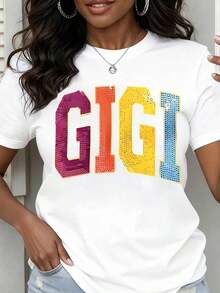 Camiseta de Cuello Redondo para Mujer, Estampado de Texto Arcoíris Gigi, Manga Corta, Estilo Casual de Verano - Blanco - Ver 1
