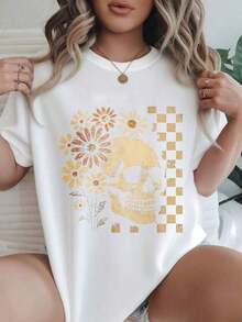 Camiseta Casual de Moda para Mujer con Diseño de Estampado Dorado de Calaveras y Flores en Cuadros, Adecuada para Todas las Temporadas  
 -Blanco - Blanco - Ver 7